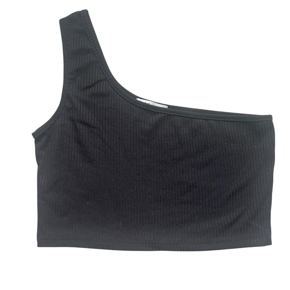ROMWE Black Ribbed One Shoulder Crop Top Size Medium Going Out